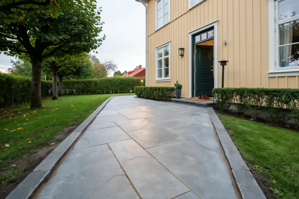 anl ggning av naturstensg ng och kantst d vid villa i rgryte